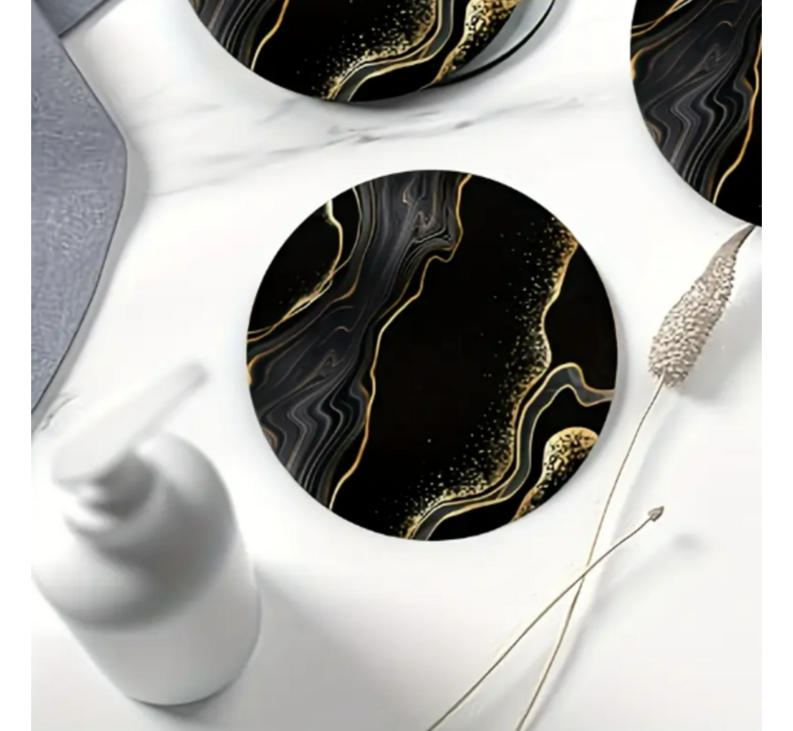 Luxe Marmer Onderzetters voor Glazen 6 Stuks  – Goud-Zwart – Hout Rond 10 cm - Antislip Coasters