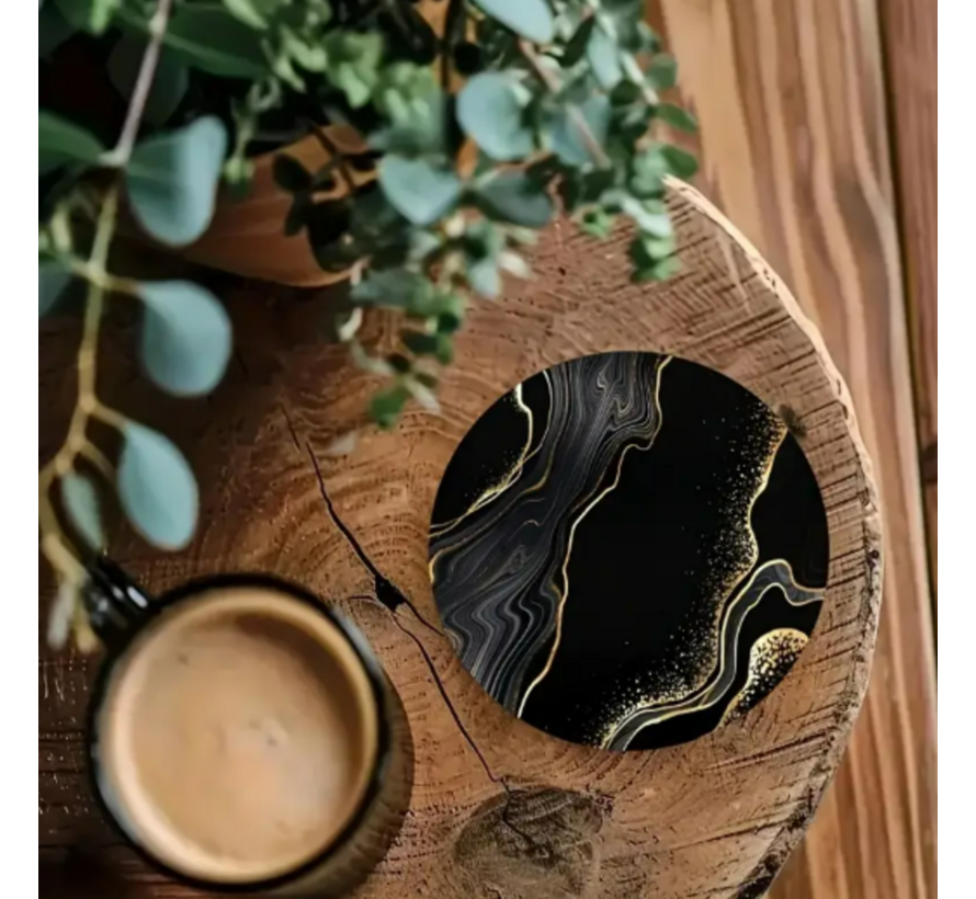 Luxe Marmer Onderzetters voor Glazen 6 Stuks  – Goud-Zwart – Hout Rond 10 cm - Antislip Coasters