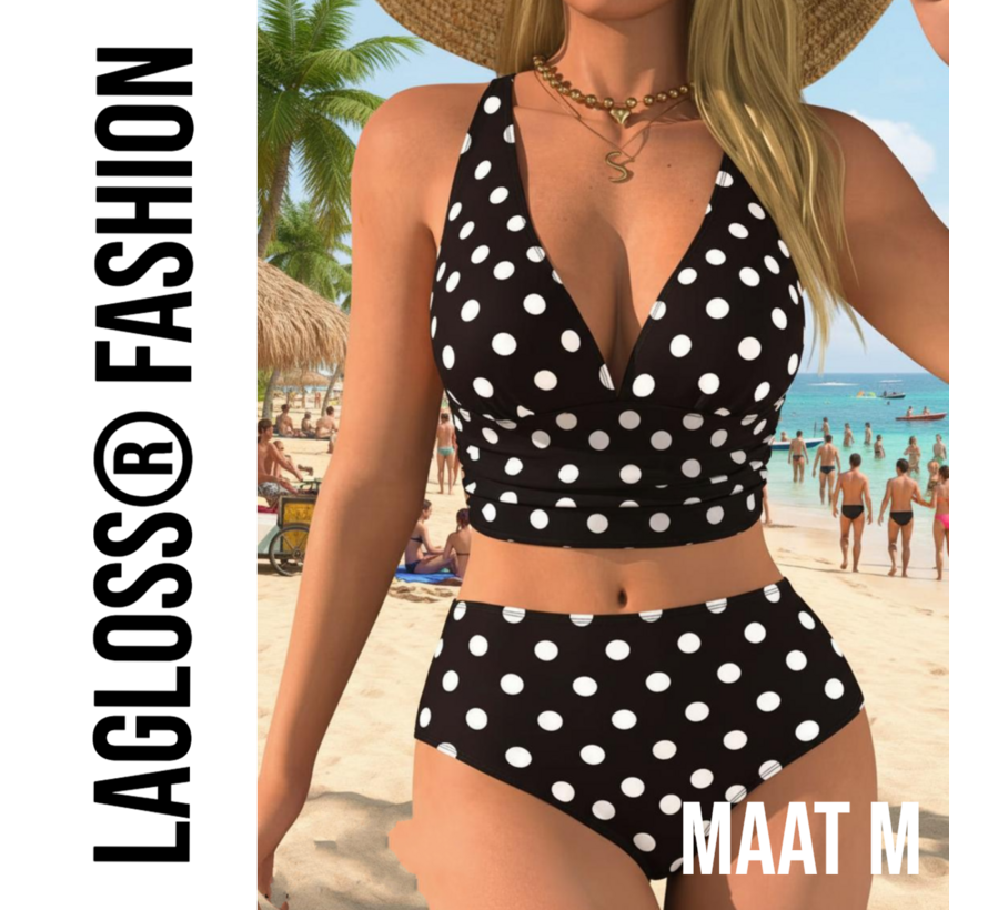 LaGloss® Zwart-Wit Stippen Bikini Set – Tweedelig Dames Badpak met Tijdloos Polkadot Design – Maat M