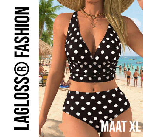 LaGloss LaGloss® Zwart-Wit Stippen Bikini Set – Tweedelig Dames Badpak met Tijdloos Polkadot Design – Maat XL