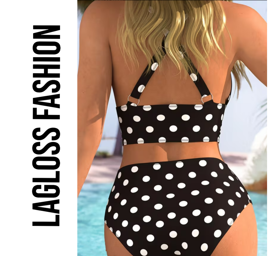 LaGloss® Zwart-Wit Stippen Bikini Set – Tweedelig Dames Badpak met Tijdloos Polkadot Design – Maat S