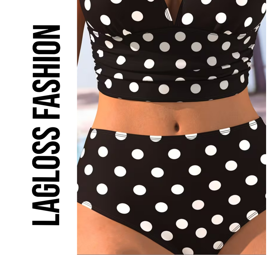 LaGloss® Zwart-Wit Stippen Bikini Set – Tweedelig Dames Badpak met Tijdloos Polkadot Design – Maat M