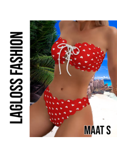 LaGloss Rode Camisole Bikini Set met schulprand en Hartjes – Maat S