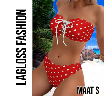 LaGloss Rode Camisole Bikini Set met schulprand en Hartjes – Maat S