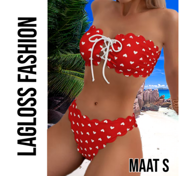 LaGloss Rode Camisole Bikini Set met schulprand en Hartjes – Maat S