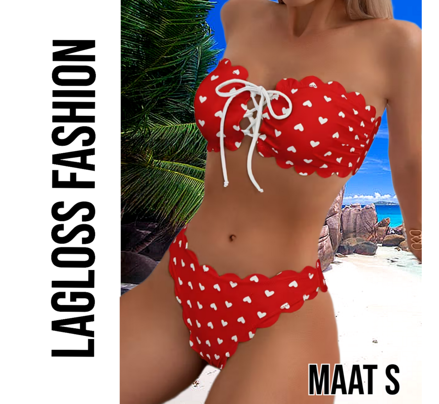 LaGloss® Rode Camisole Bikini Set met schulprand en Hartjes – Tweedelige Dames Bikini – Maat S