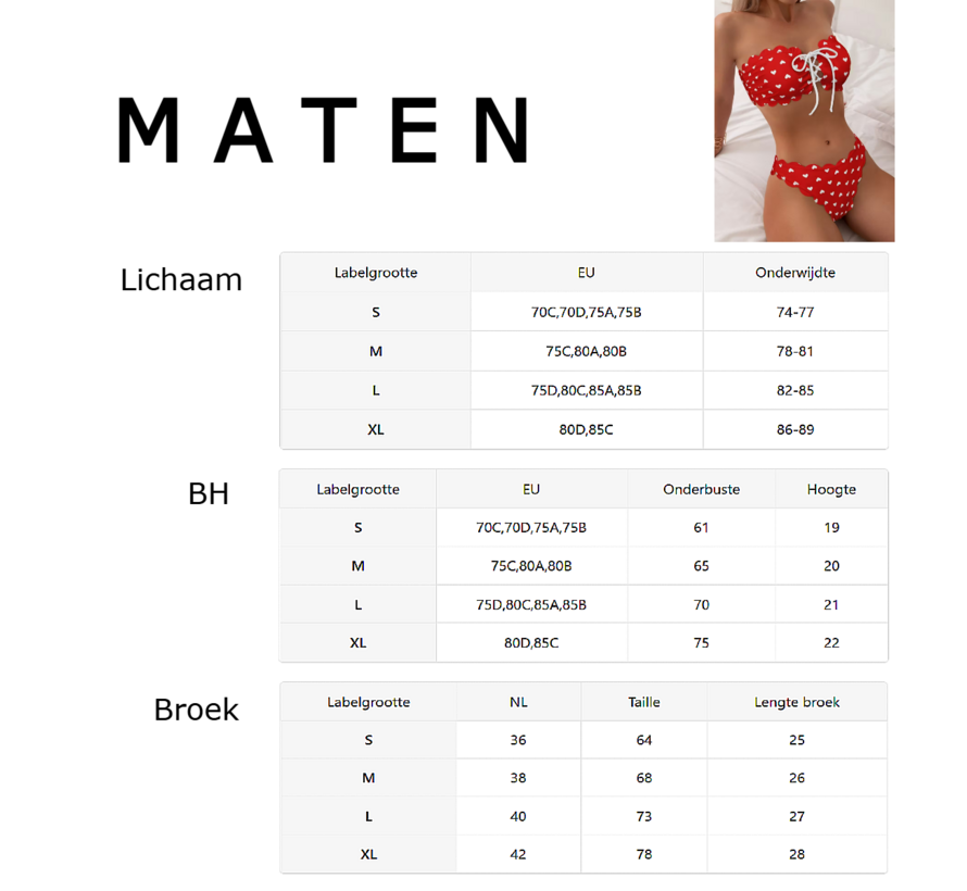 LaGloss® Rode Camisole Bikini Set met schulprand en Hartjes – Tweedelige Dames Bikini – Maat M
