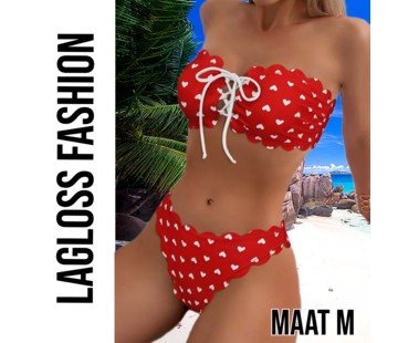 LaGloss Rode Camisole Bikini Set met schulprand en Hartjes – Maat M