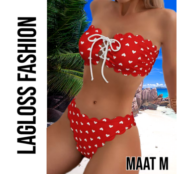 LaGloss Rode Camisole Bikini Set met schulprand en Hartjes – Maat M