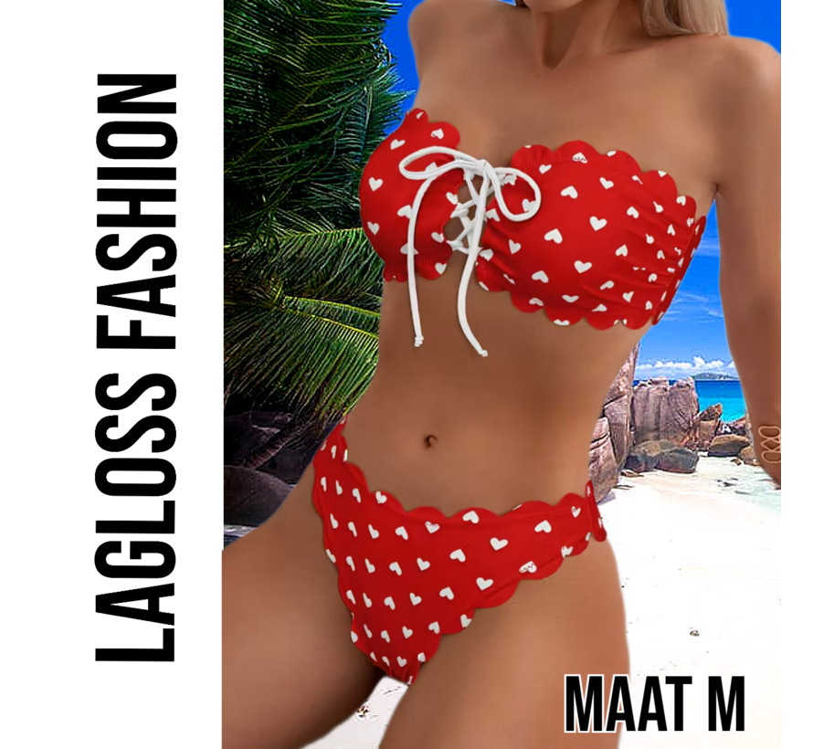 LaGloss® Rode Camisole Bikini Set met schulprand en Hartjes – Tweedelige Dames Bikini – Maat M