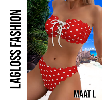 LaGloss Rode Camisole Bikini Set met schulprand en Hartjes – Maat L