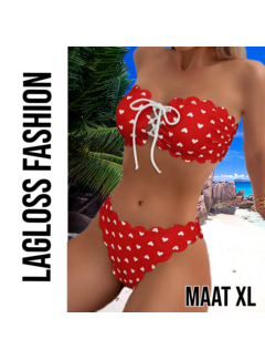 LaGloss Rode Camisole Bikini Set met schulprand en Hartjes – Maat XL