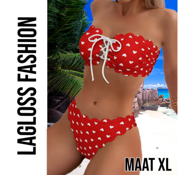 LaGloss Rode Camisole Bikini Set met schulprand en Hartjes – Maat XL