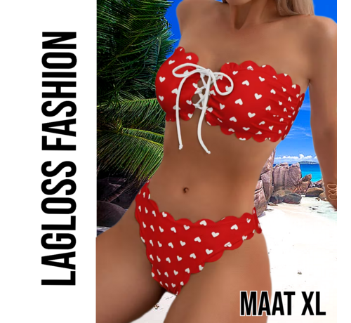 LaGloss LaGloss® Rode Camisole Bikini Set met schulprand en Hartjes – Tweedelige Dames Bikini – Maat XL
