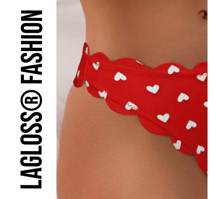 LaGloss® Rode Camisole Bikini Set met schulprand en Hartjes – Tweedelige Dames Bikini – Maat XL