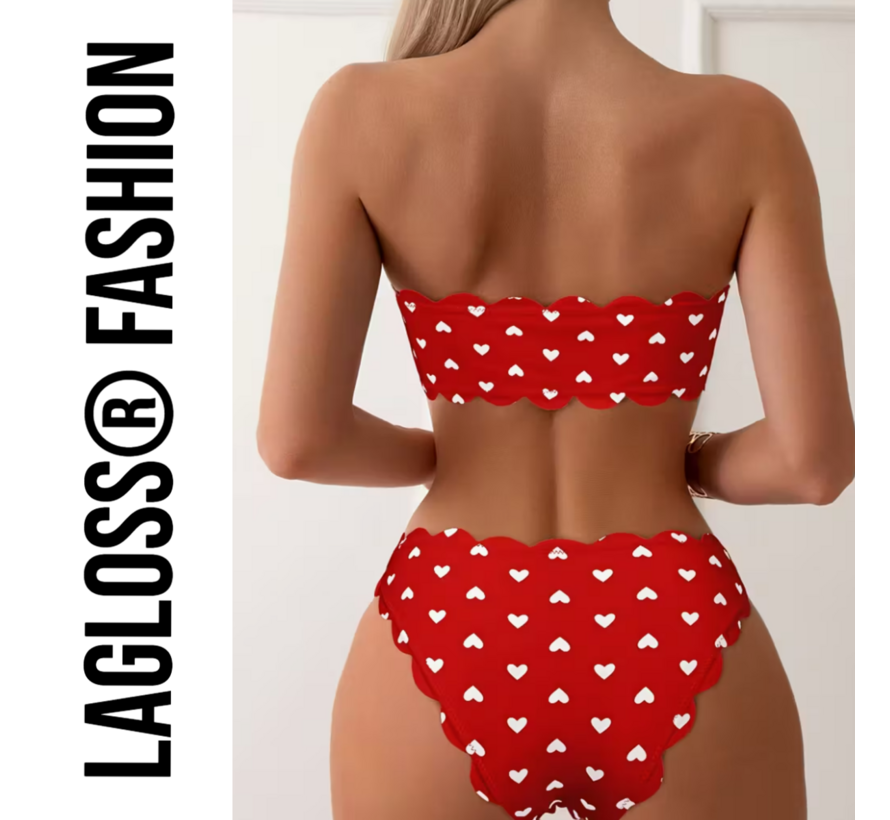 LaGloss® Rode Camisole Bikini Set met schulprand en Hartjes – Tweedelige Dames Bikini – Maat M