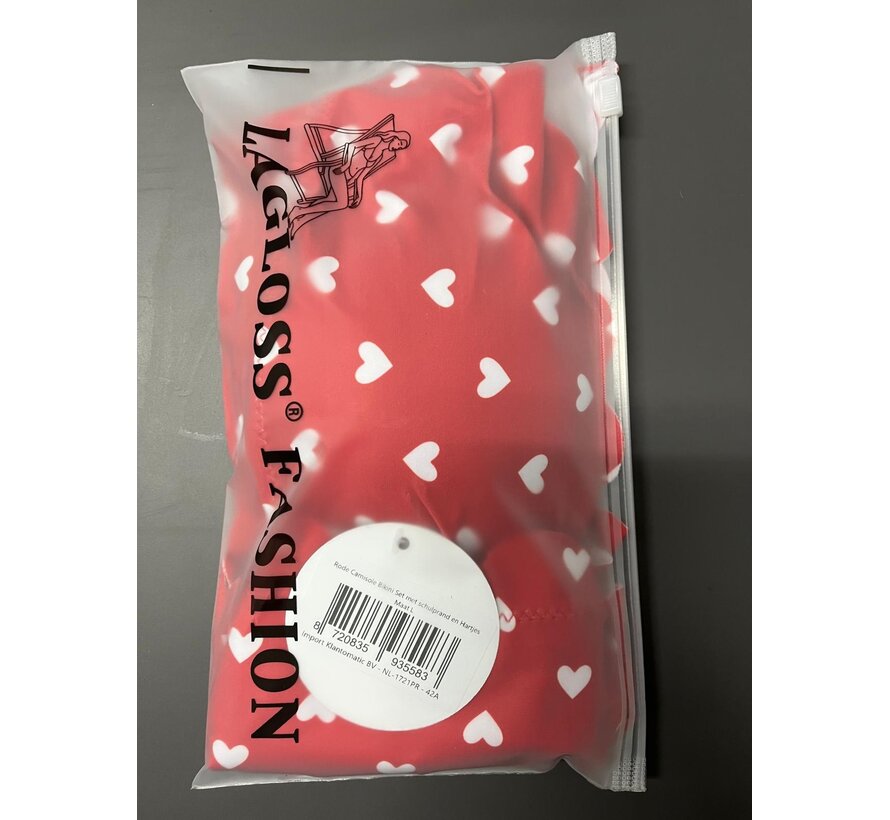 LaGloss® Rde Camisole Bikini Set met schulprand en Hartjes – Tweedelige Dames Bikini – Maat L