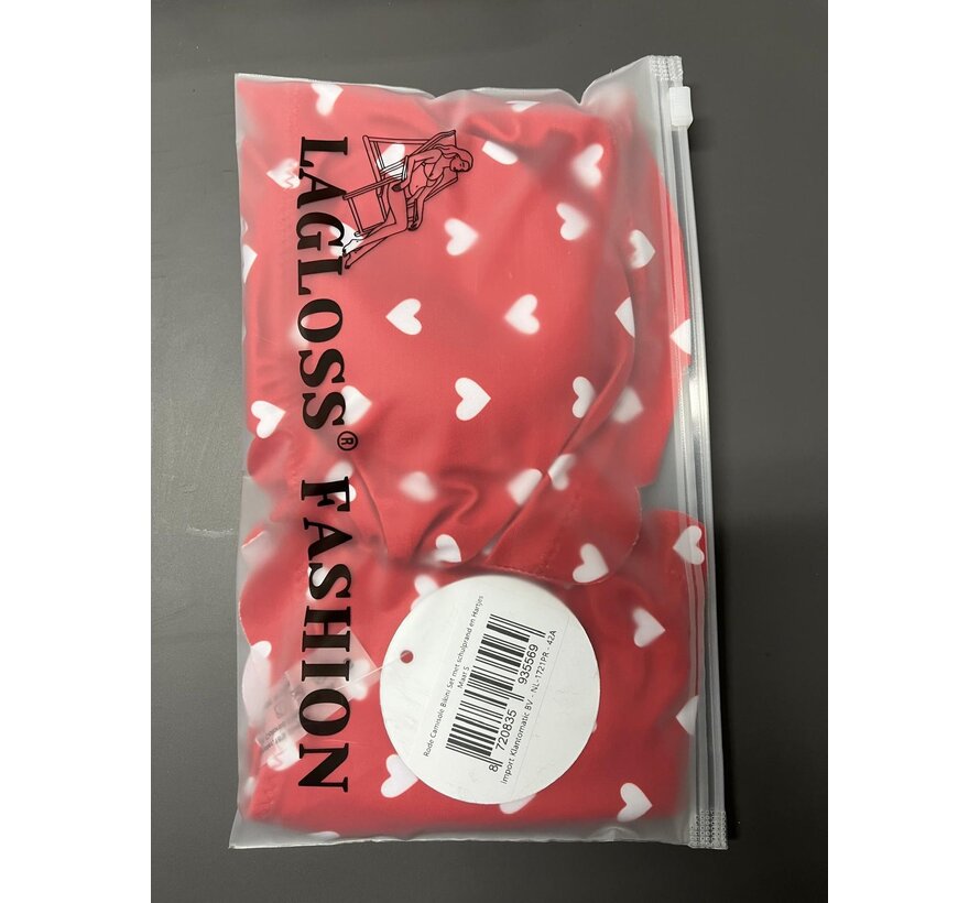 LaGloss® Rode Camisole Bikini Set met schulprand en Hartjes – Tweedelige Dames Bikini – Maat S