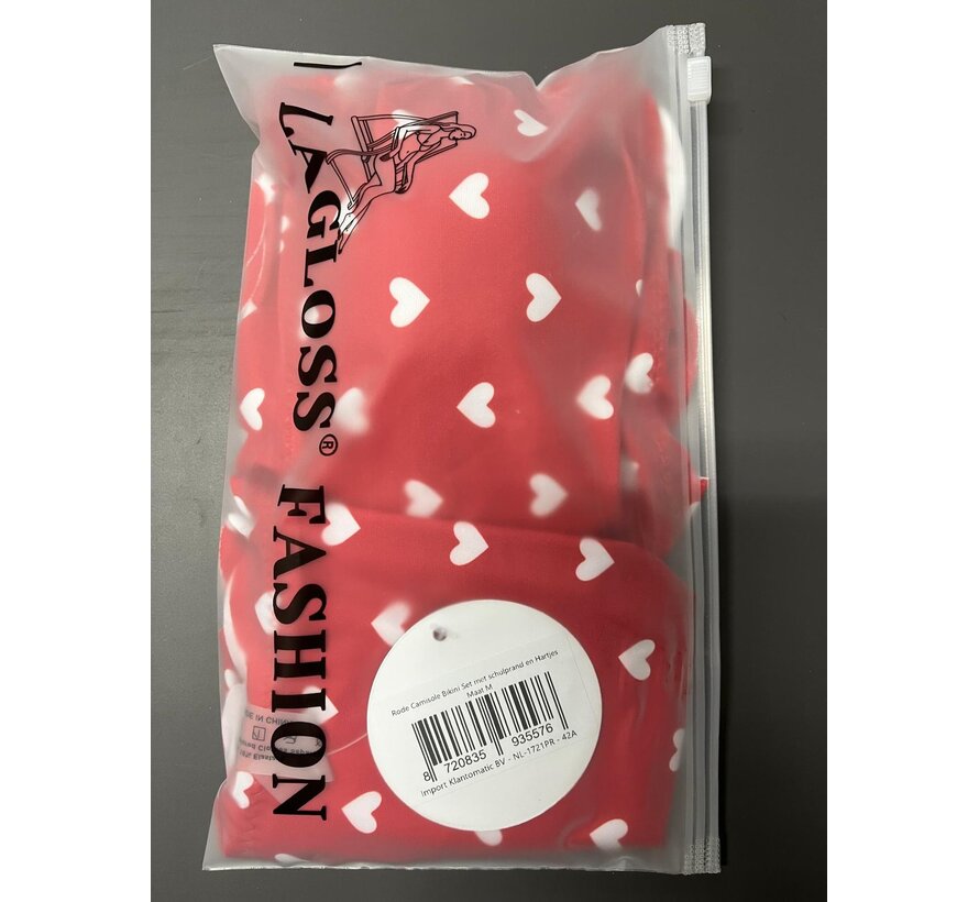 LaGloss® Rode Camisole Bikini Set met schulprand en Hartjes – Tweedelige Dames Bikini – Maat M