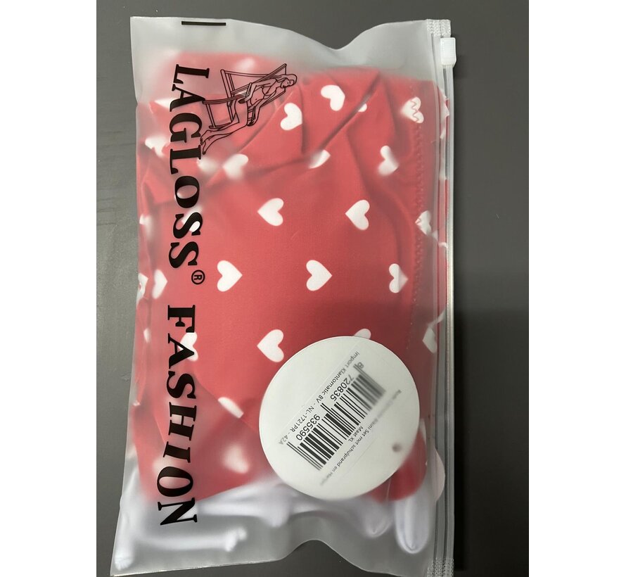 LaGloss® Rde Camisole Bikini Set met schulprand en Hartjes – Tweedelige Dames Bikini – Maat XL