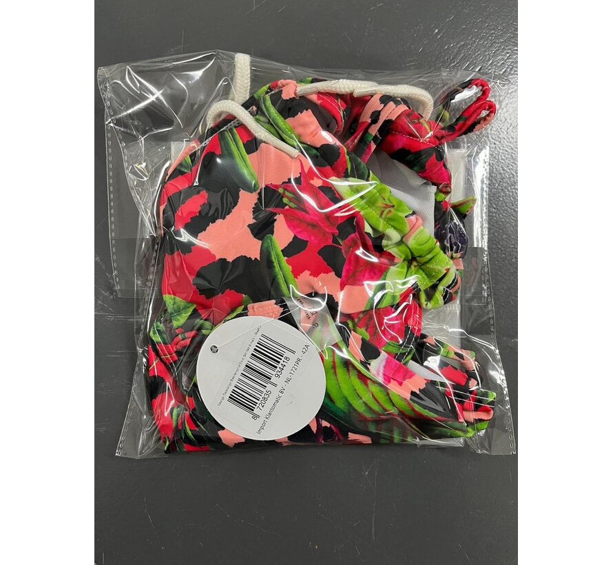 LaGloss® Kleurige Bloemenprint Bikini Set – Tweedelig Badpak met V-Hals, Halterband & Hoge Split – Hoogelastische Stof – Kleurrijke Zomerse Strandbikini – Maat S