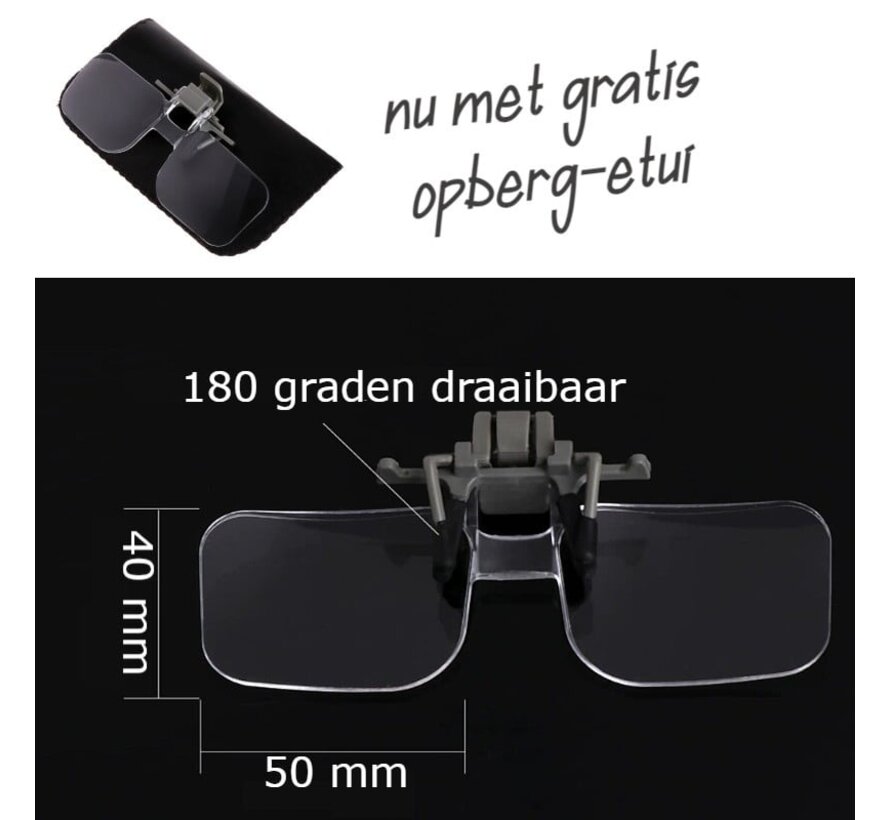 Allernieuwste.nl® Loepbril Vergrotende Opzet-Bril - Vergrotend - Klemmen op je Bril - Vergrootbril - Overzetbril - Vergrootglas Bril 2x - Clip On Klem Leesbril