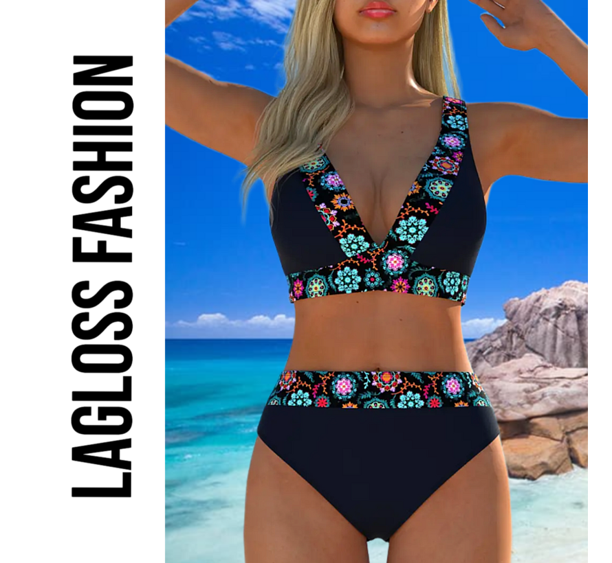LaGloss® Dames Bikini Set – 2-delig Mandala Print – V-hals – Hoge Taille – Modieuze Zwemkleding Strandoutfit – Maat M