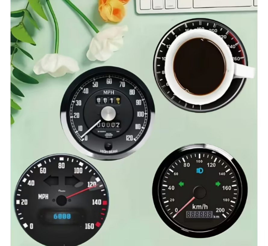 Set van 8 stuks Dashboard Onderzetters – Houten Coasters met 8 Prints – Hittebestendig & Antislip – Rond 10 cm