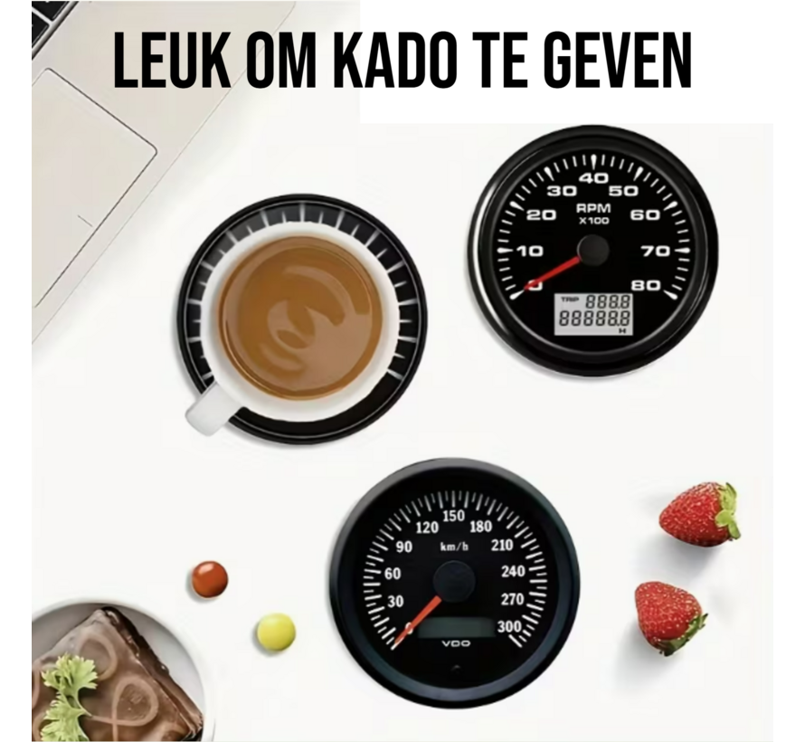 Set van 8 stuks Dashboard Onderzetters – Houten Coasters met 8 Prints – Hittebestendig & Antislip – Rond 10 cm