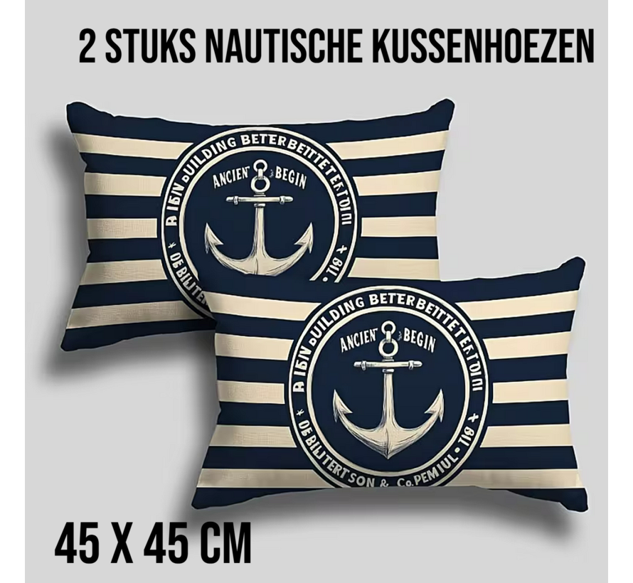 Allernieuwste.nl® Set van 2 Nautische Kussenhoezen – Linnen Anker & Strepen – Met Rits - 30x50 cm