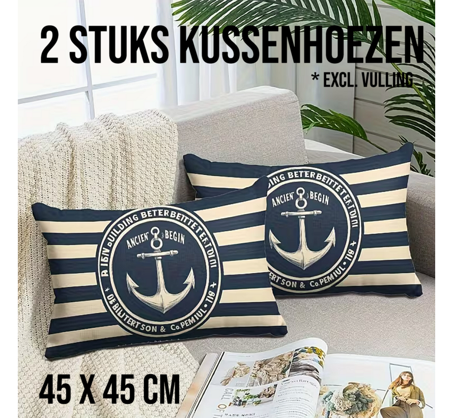 Allernieuwste.nl® Set van 2 Nautische Kussenhoezen – Linnen Anker & Strepen – Met Rits - 30x50 cm