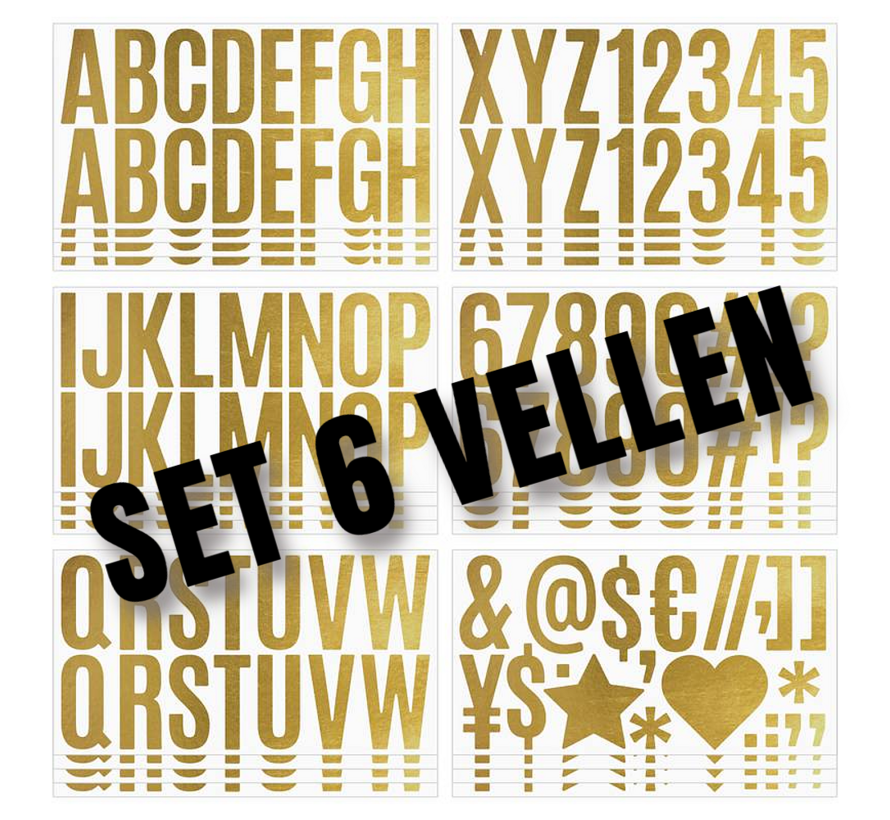 Allernieuwste.nl® 6 vellen Letter Cijfer Stickers Plakletters Goud Brons - 5 cm Hoog - Letters Cijfers Symbolen - Voor Binnen en Buiten - SET van 6 Vellen %%
