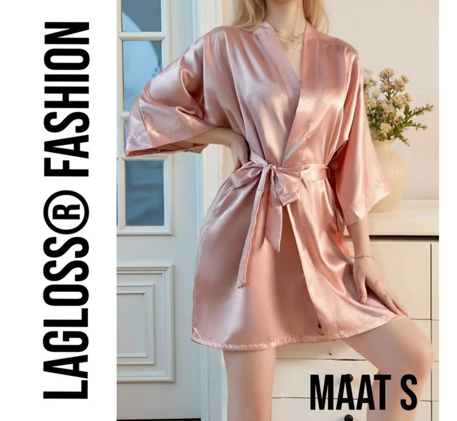LaGloss® Roze Dames Badjas – Elegante V-Hals met 3/4 Mouwen – Nachtkleding – Maat S
