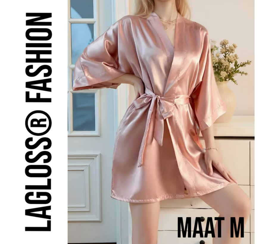 LaGloss® Roze Dames Badjas – Elegante V-Hals met 3/4 Mouwen – Nachtkleding – Maat M