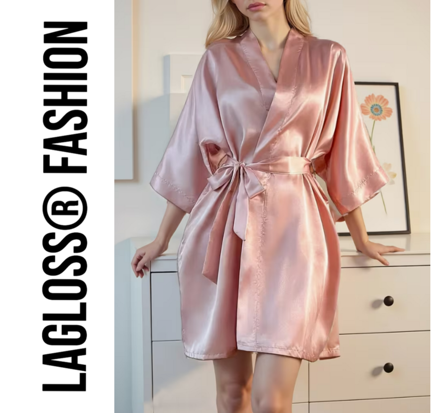 LaGloss® Roze Dames Badjas – Elegante V-Hals met 3/4 Mouwen – Nachtkleding – Maat L