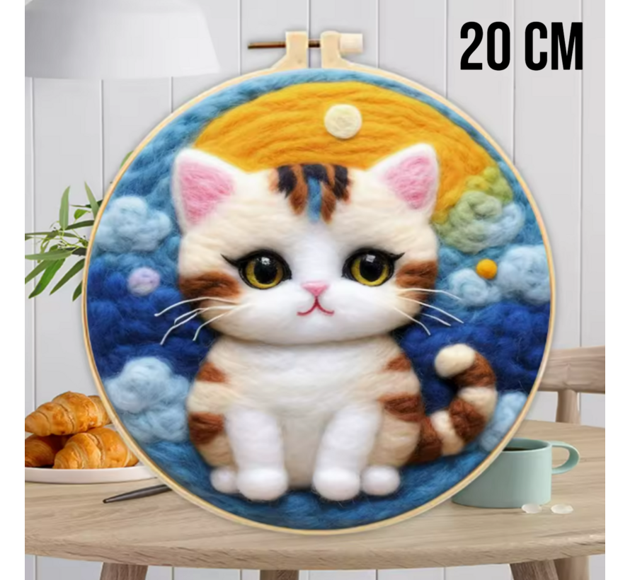 DIY Naaldvilt Wolvilt Pakket – Complete Starterset Wit Poesje – Met Wol, Naalden, Borduurring & Handleiding – Creatief Hobbypakket voor Beginners & Gevorderden