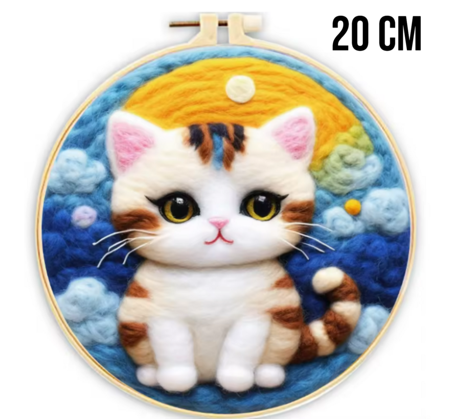 DIY Naaldvilt Wolvilt Pakket – Complete Starterset Wit Poesje – Met Wol, Naalden, Borduurring & Handleiding – Creatief Hobbypakket voor Beginners & Gevorderden