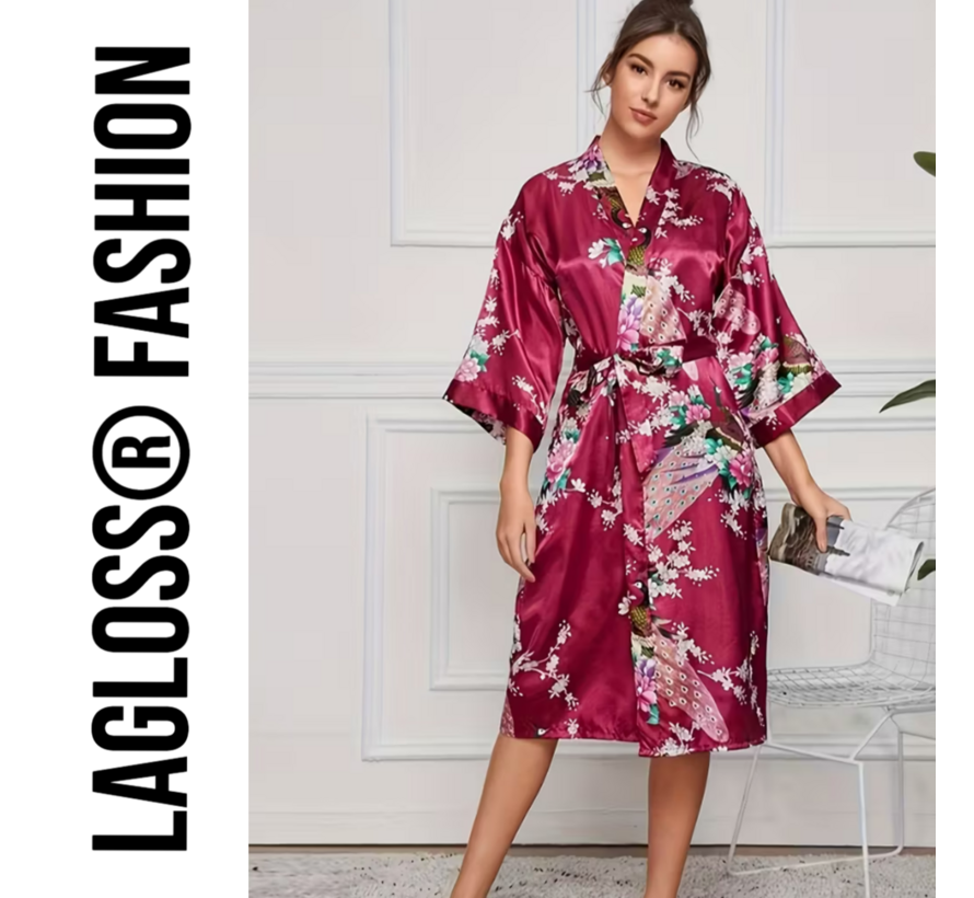 LaGloss® Lange Damesbadjas Karmozijnrood met Bloemen- en Pauwenprint – Ochtendjas – Nachtkleding – Maat S