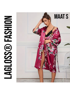 LaGloss Lange Damesbadjas Karmozijnrood met Bloemen- en Pauwenprint - Maat S