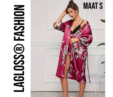 LaGloss Lange Damesbadjas Karmozijnrood met Bloemen- en Pauwenprint - Maat S