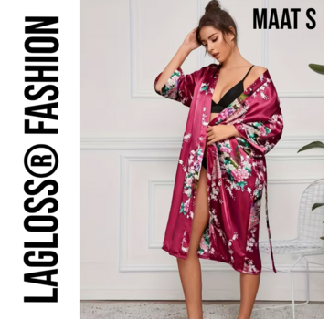LaGloss Lange Damesbadjas Karmozijnrood met Bloemen- en Pauwenprint - Maat S