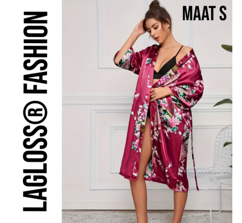 LaGloss LaGloss® Lange Damesbadjas Karmozijnrood met Bloemen- en Pauwenprint – Ochtendjas – Nachtkleding – Maat S