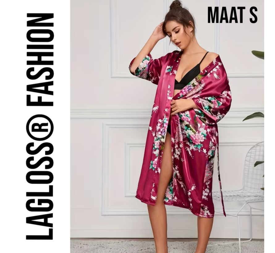 LaGloss® Lange Damesbadjas Karmozijnrood met Bloemen- en Pauwenprint – Ochtendjas – Nachtkleding – Maat S