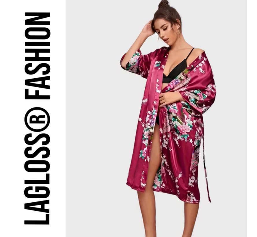 LaGloss® Lange Damesbadjas Karmozijnrood met Bloemen- en Pauwenprint – Ochtendjas – Nachtkleding – Maat M