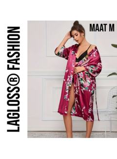 LaGloss Lange Damesbadjas Karmozijnrood met Bloemen- en Pauwenprint - Maat M