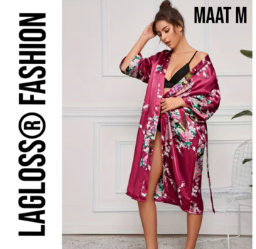 LaGloss Lange Damesbadjas Karmozijnrood met Bloemen- en Pauwenprint - Maat M