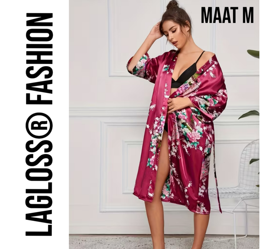 LaGloss® Lange Damesbadjas Karmozijnrood met Bloemen- en Pauwenprint – Ochtendjas – Nachtkleding – Maat M