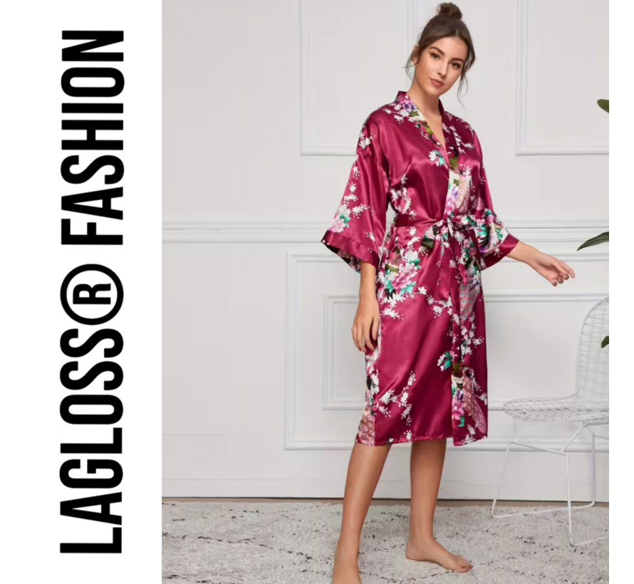 LaGloss® Lange Damesbadjas Karmozijnrood met Bloemen- en Pauwenprint – Ochtendjas – Nachtkleding – Maat L