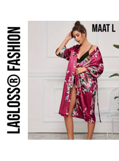 LaGloss Lange Damesbadjas Karmozijnrood met Bloemen- en Pauwenprint - Maat L