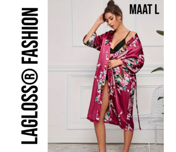 LaGloss Lange Damesbadjas Karmozijnrood met Bloemen- en Pauwenprint - Maat L